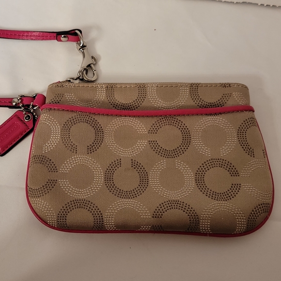 Coach Signature Wristlet Khaki Fabric Pink Leather Trim - Picture 2 of 5